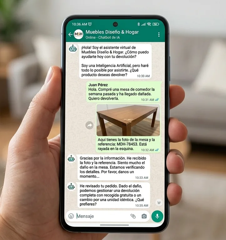 Imagen generada con IA y etiquetada: un móvil muestra la conversación con un asistente que se presenta como inteligencia artificial.