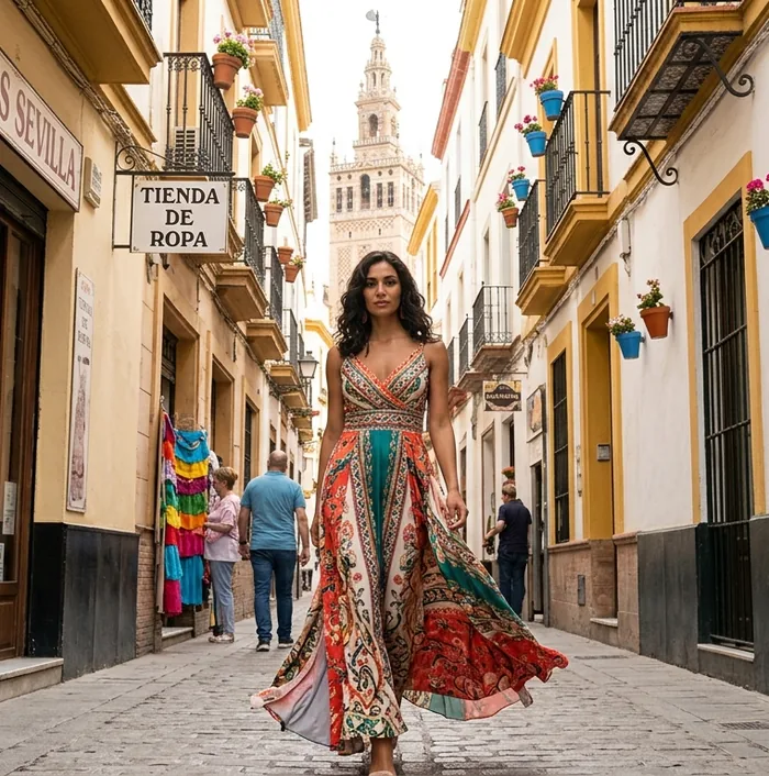 Imagen generada con IA y etiquetada: una modelo con vestido estampado posa en una calle de Sevilla.