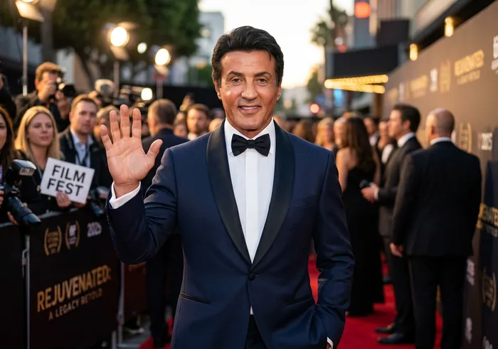 Imagen generada con IA y etiquetada: un actor saluda en una alfombra roja con aspecto rejuvenecido.