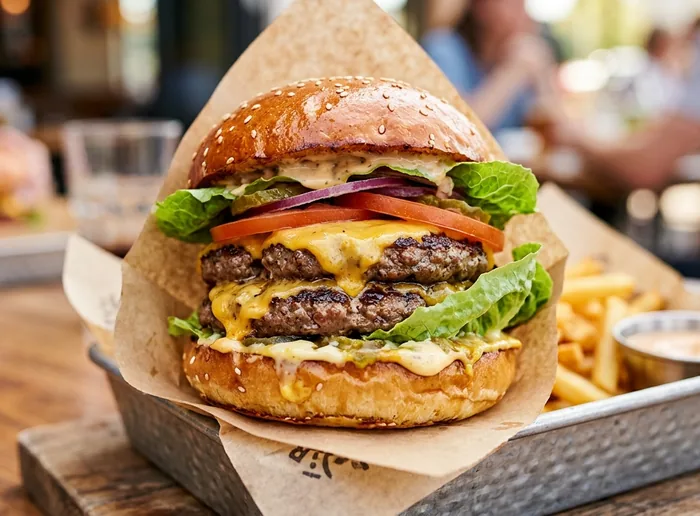 Imagen generada con IA y etiquetada: una hamburguesa doble con aspecto de recién hecha.