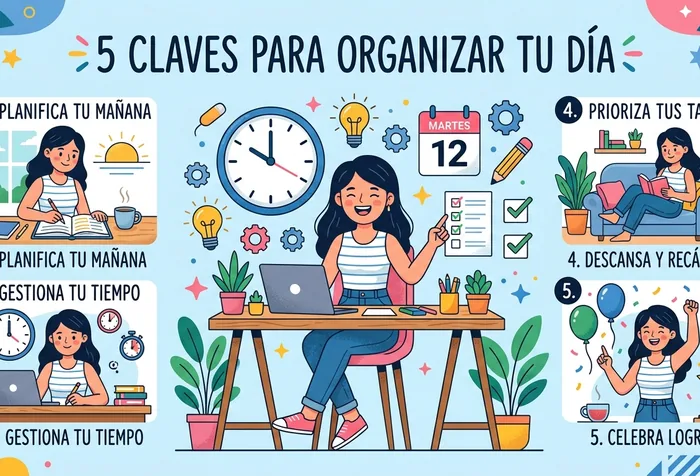 Ilustración generada con IA, de estilo cartoon plano, con consejos para organizar el día.