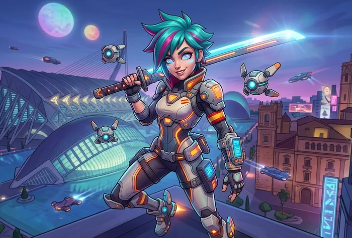 Imagen generada con IA: personaje de videojuego estilizado, con armadura y pelo turquesa.