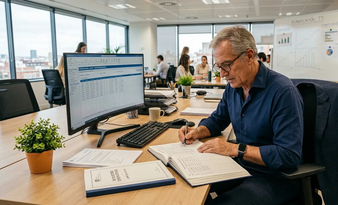 Imagen generada con IA y etiquetada: una persona consulta documentos y una pantalla mientras comprueba un registro.